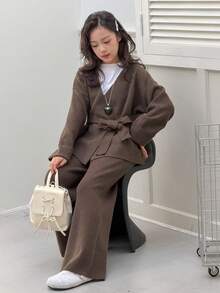 DAZY 2pcs/Set Tween Girls Elegant Bow Knitted Sweater Set, Fall - Brown - View 4