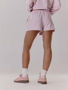 MUSERA 松紧腰带系带宽松版型柔软条纹短裤，仅限秋季穿着，舒适可爱，休闲咖啡俱乐部风格，优雅春夏复活节款。 - 粉色 - 查看 3