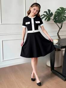 SHEIN Tween Girls Elegant Black And White Contrast Stitching Button Round Neck Short Sleeve A-Line Dress For Summer School Back-To-School College Style - Black and White - View 3