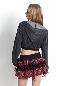 SHEIN Unity 女士短款纯色连帽拉链长袖卫衣 - 黑色 - 查看 2