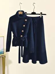 Franclia Elegant Metal Buckle Design Tie-Front Long Sleeve Turtleneck Sweater & A-Line Long Skirt 2-Piece Set, European Style