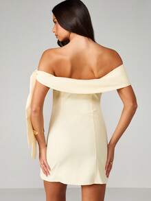 MISSGUIDED Off-Shoulder Tie Sleeve Mini Dress With Ruched Detailing And Cinched Waist For Party Occasions - Light Yellow - View 2