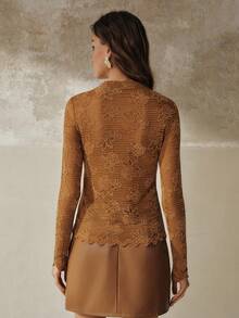 Anewsta High Quality Fashion Women's Embroidered Pleated Textured Mock Neck Long Sleeve Top - Brown - View 7