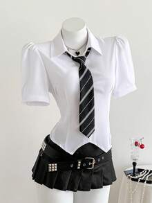 SHEIN EZwear Puff Sleeve Button Front Shirt & Necktie,Short Sleeve Tops - White - View 3