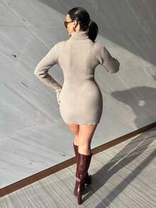 MDEdit High Neck Long Sleeve Fitted Rib Knit Mini Sweater Dress Classy Sexy Streetwear Fall Autumn Night Out Winter Christmas Party Evening Party Elegant - Light Grey - View 2