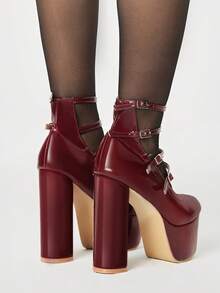 ROMWE 女士厚底搭扣设计时尚迷人高跟鞋，适合派对场合 - 酒紅色 - 查看 5