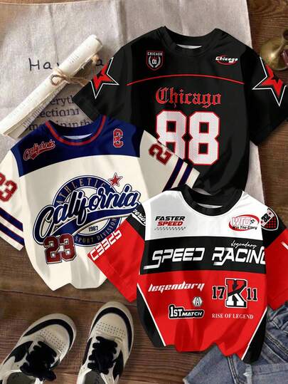 SHEIN 3pcs Young Boys Casual Simple Y2K Stylish English Letter & Number 23 Sports Retro American Style Colorblock Comfortable Short Sleeve T-Shirts, Suitable For Spring/Summer