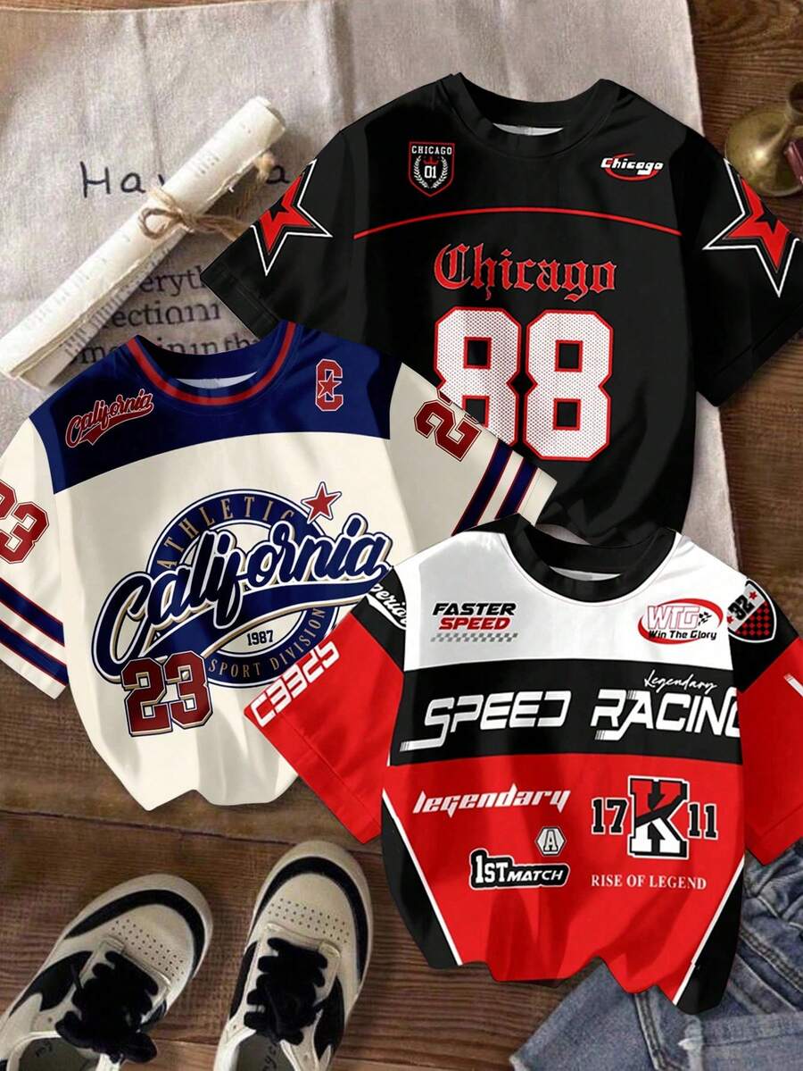 SHEIN 3件装男童休闲简约Y2K时尚英文字母数字23运动复古美式撞色舒适短袖T恤，适合春夏穿着