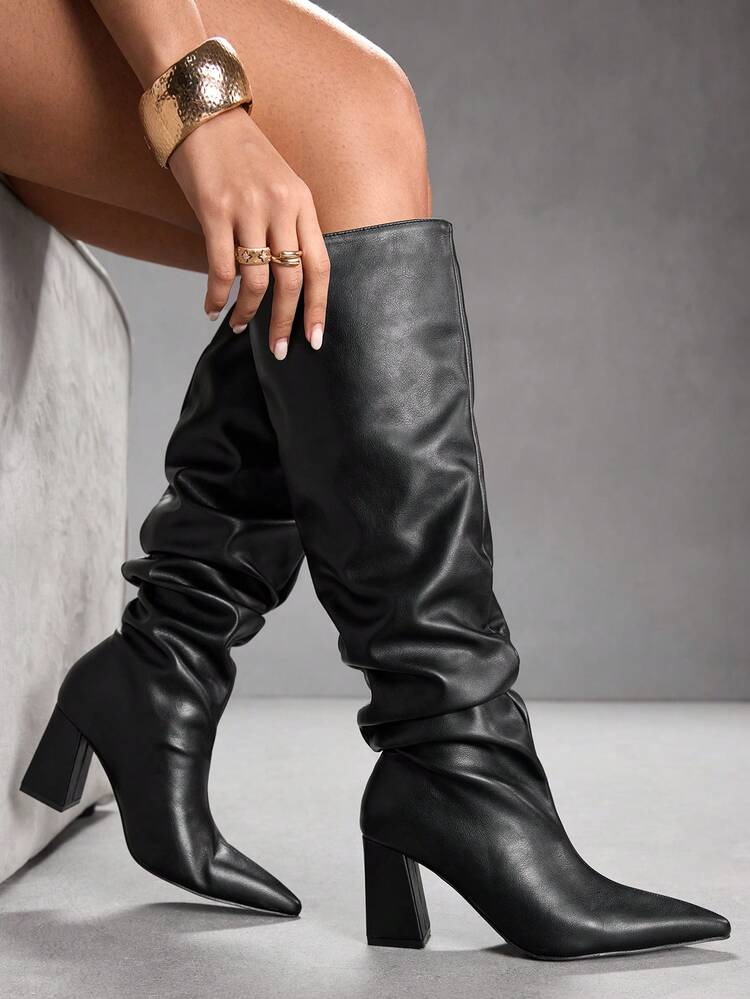 CUCCOO SZL Women's Pleated PU Leather Over-The-Knee Boots, Fashionable & Versatile For Daily Wear For Christmas