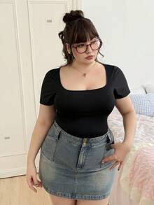 CovetEZ 大尺碼女士短袖連身緊身衣 - 黑色 - 查看 5