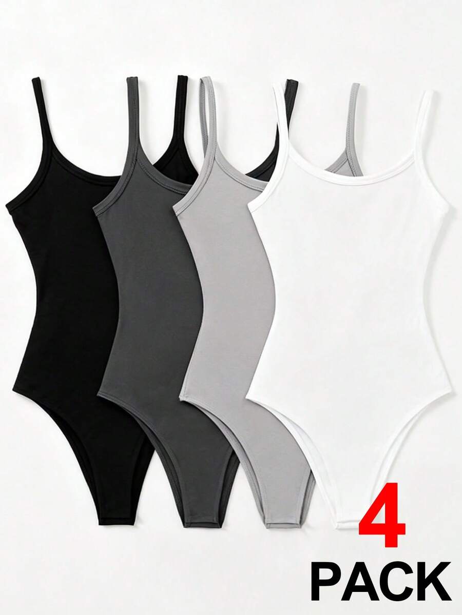 SHEIN 4pcs Tween Girls' Casual Solid Color Minimalist Comfortable Romper Set - Multicolor - View 1
