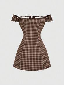 Sweetra Plaid Puff Sleeve Waist Cinched Mini Dress, Chic Style - Brown - View 2