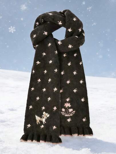 Anime 1pc Pink & Khaki Y2K Retro Cute Deer Pattern Double-Sided Print Warm Scarf, Fashion Minimalist Women Scarf Suitable For Daily Commute, School, Date, Shopping, Travel, Autumn/Winter