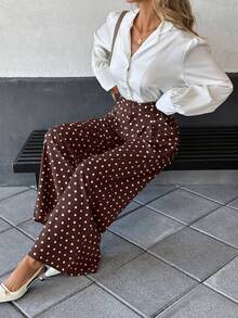 Pariaura 2025 Autumn/Winter New High-Waisted Slimming Women's Pants, Draping Digital Printed Wide Leg Loose Trousers. Beige Base With White Polka Dot Fabric, Soft And Skin-Friendly. Front Zipper Closure, Front Pleated Design, French Elegant And Versatile For Commuting. Women's Autumn/Winter New Wide Leg Pants, Women's Autumn/Winter New Trousers Wide Leg Pants Set Blouse And Pants Set Two Piece Set Women Pants Palazzo Pants Women Boho Pants - Coffee Brown - View 3