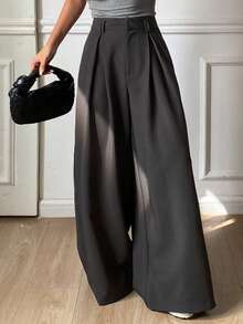 DAZY Women's Pleated Wide Leg Pants, Elegant Loose Solid Color Trousers For Spring & Autumn - Dark Grey - View 1