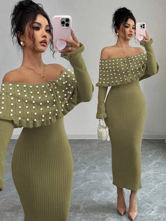 Rafferiza 女士纯色蝴蝶结长袖弹力修身露肩针织连衣裙，法式优雅珍珠装饰露肩大翻领针织连衣裙，秋冬针织长裙，返校季针织连衣裙，音乐节，圣诞节，仙女装，秋季婚礼宾客连衣裙