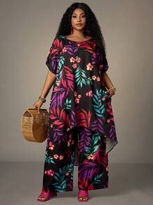 EMERY ROSE Plus Size Women Casual Floral Print Top & Pants 2 Pieces Set,Flower/Spring/Summer/Vacation - Black - View 3
