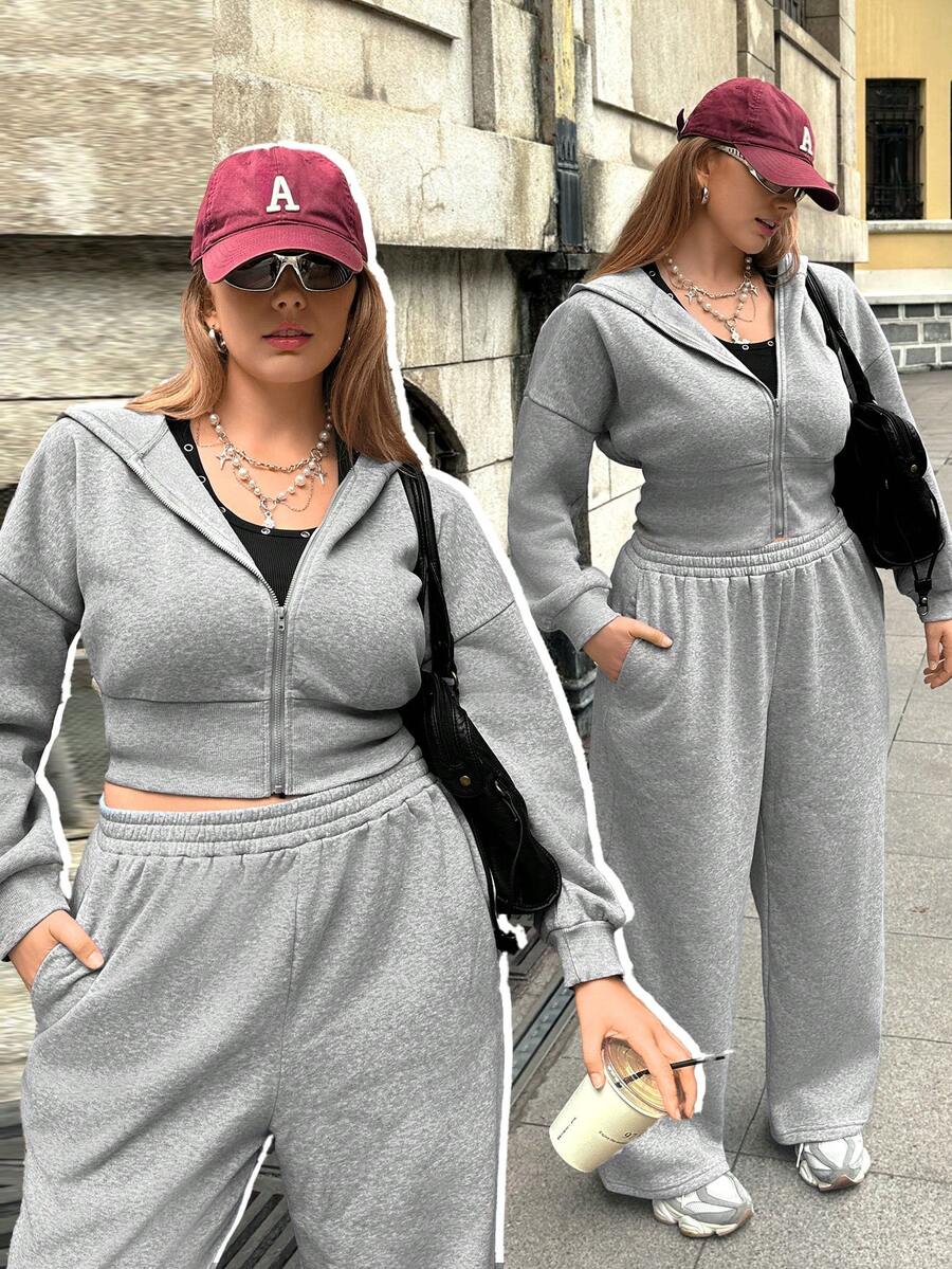 SHEIN EZwear 大码女式纯色落肩长袖拉链连帽衫和运动裤休闲两件套，秋冬款 - 香檳色 - 查看 1