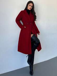 Firerie 女士休闲日常通勤简约纯色翻领双排扣保暖长款大衣，秋冬款 - 紅色 - 查看 8