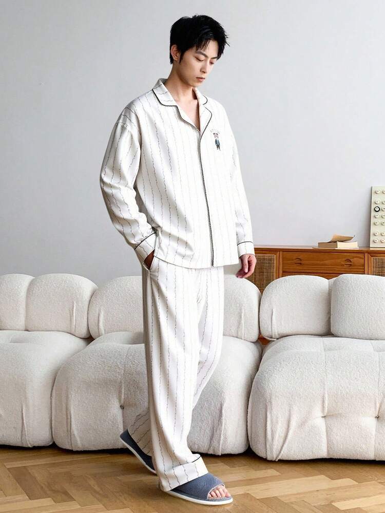 Men's Letter Pattern Jacquard Beige Shirt & Pajama Set, Spring/Autumn