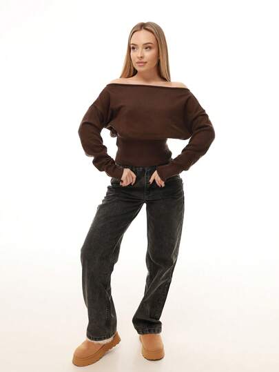 Katetique Women's Autumn/Winter Exposed Shoulder Off Shoulder Long Sleeve Tight Ribbed Brown Sweater