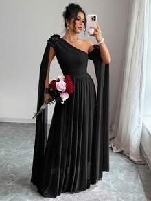 Rafferiza 红色荷叶边褶皱网纱连衣裙，优雅派对礼服，超长袖 - 黑色 - 查看 7