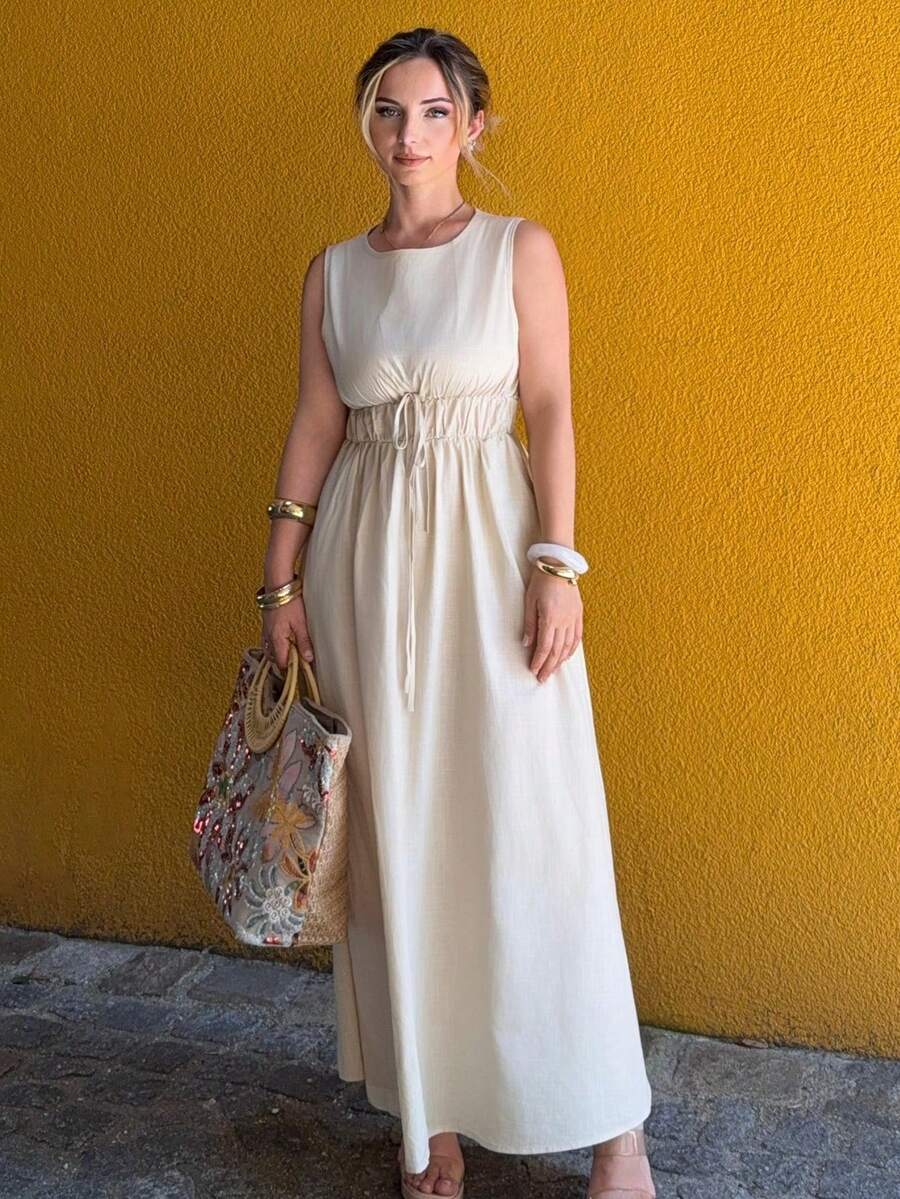Jeta Ari Cotton & Linen Sleeveless A-Line Dress For Women, Spring/Summer Casual - Apricot - View 1