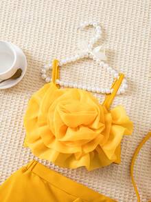 SHEIN 3件套女婴玫红色碎花上衣配斜挎包，可爱优雅印花休闲套装，春夏款 - 黃色 - 查看 3