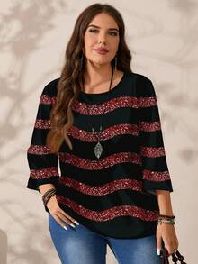 EMERY ROSE Plus Size Women Casual All-Over Print Round Neck Loose 3/4 Sleeve Shirt, Autumn/Winter Spring - Multicolor - View 5