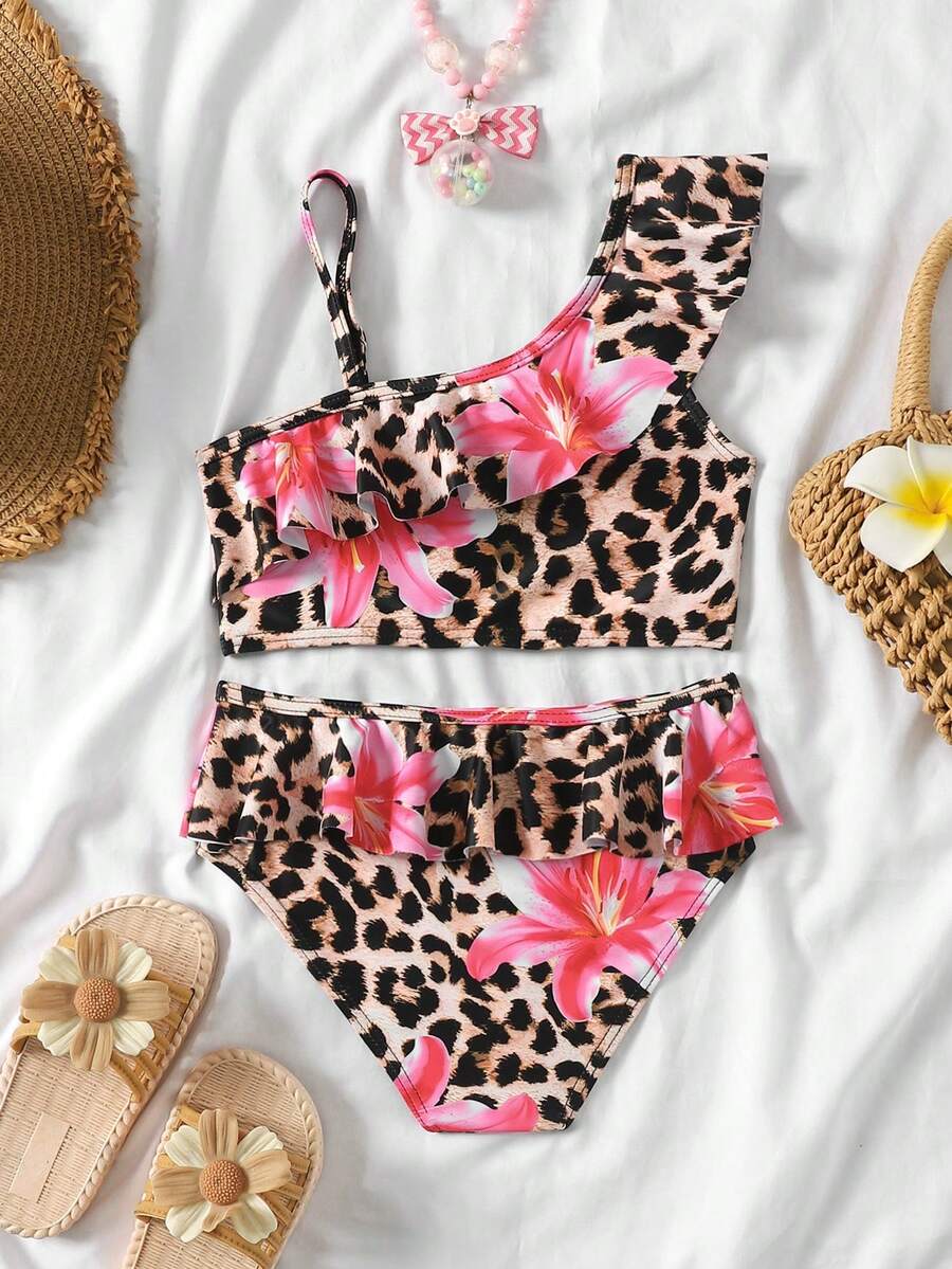 Young Girl Leopard Floral Ruffle Trim Bikini Set, Adjustable Straps, Asymmetric Neckline Swimwear, Suitable For Beach, Vacation, Summer Gift
