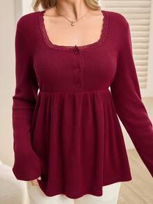SHEIN Blusa de lactancia de cuello cuadrado de unicolor y largo con adorno de encaje y botones delanteros - Burdeos - Ver 3