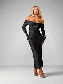 MISSGUIDED Robe longue moulante de soirée, épaules dénudées, torsadée devant, manches longues, décolleté Bardot - Noir - Voir 1