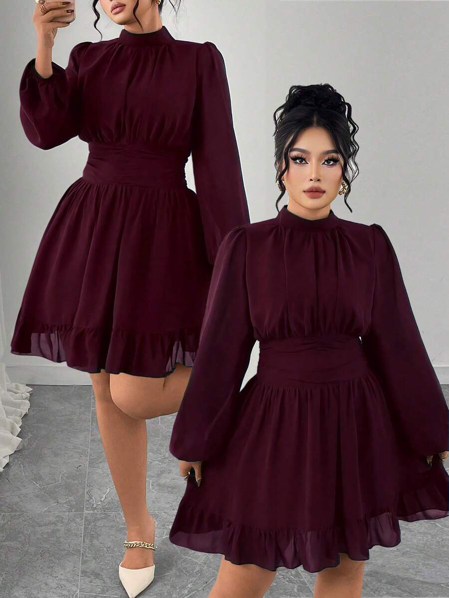 Elenzga Đầm midi dài tay ôm dáng, cổ đứng, bèo nhún, trang trí, dành cho nữ cỡ lớn, màu xanh navy, thanh lịch, thích hợp dự tiệc. - Màu Hồng Tươi - Xem 1