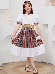 SHEIN Tween Girl Elegant White Summer Holiday Dress, Stand Collar Color Block Print Patchwork Puffy Short Sleeve A-Line Tween Girl Striped Dress For Spring - White - View 6