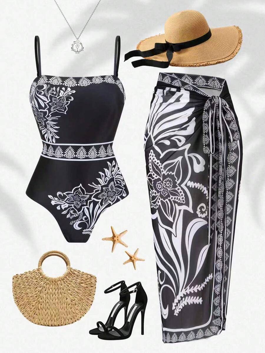 Swim Oasis Plus Size Women's Fashion Resort Placement Cut Black Digital Print One-Piece Swimsuit + Wrap Skirt High-End Set, Beach Outfit, Spring/Summer - Black and White - View 1