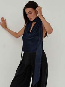 Aloruh Top fluide sexy pour femme, décolleté ras-du-cou et dos nu, élégant et romantique, idéal pour les demoiselles d'honneur, les mariages, les sorties et les vacances d'été - Bleu marine - Voir 7