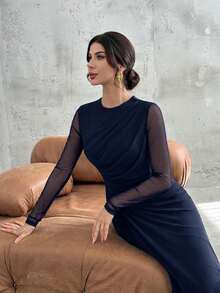 Firerie فستان ماكسي أنيق للنساء بأكمام طويلة وياقة مستديرة وخصر منتفخ، لون أصفر فاتح، مناسب للمناسبات الرسمية والعمل والعطلات والحفلات والأسلوب الكلاسيكي - أزرق بحري - مشاهدة 7