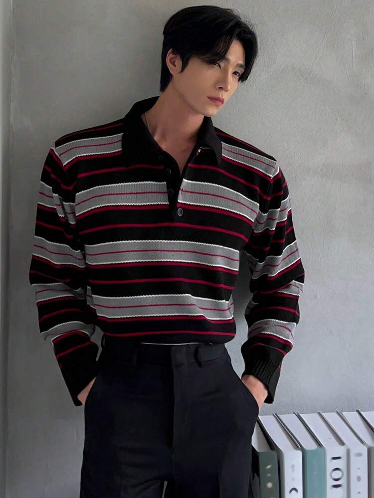 Men's Partial Zip-Up Multi-Color Polo Collar Sweater, Autumn