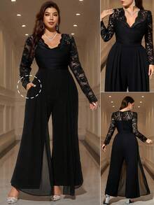 SHEIN Clasi Bộ đồ liền thân tay dài cổ chữ V ren chắp vá cỡ lớn thanh lịch - màu đen - Xem 9