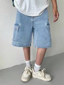 SHEIN Tween Jungen Mode Lässig Y2K Vintage Cool Workwear Taschen Design Merkmale blaue locker und bequeme Workwear Jeans Shorts, weiche Alltagskleidung für Sommer und Frühling, Rave Festival und Strand - Helle Waschung - Übersicht 6