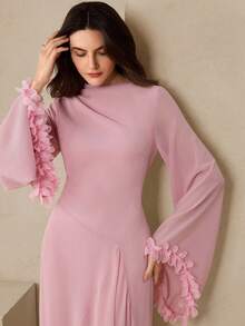 Graceveil 女士优雅雪纺拼接荷叶袖长连衣裙，时尚高贵 - 粉色 - 查看 6