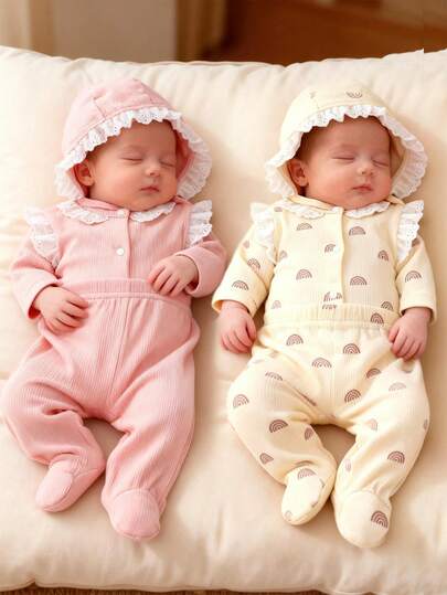 SHEIN 6件套婴儿服装套装，可爱荷叶边领印花连体衣，萌娃户外服装套装