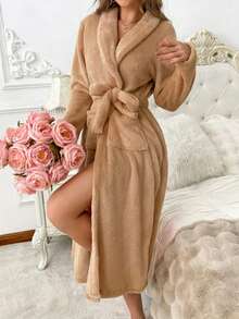 1 pieza Bata de kimono de mujer de unicolor acanalado, bata de baño minimalista con cinturón, para primavera/otoño/invierno,BATA DE BAÑO UNISEX AMPLIA Y LARGA EXCELENTE ABSORCIÓN TELA MICROTOALLA (ALGODÓN CON MICROFIBRA) - Marrón - Ver 2