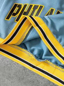 PAVTROS Quần short bóng rổ nam mùa hè, phong cách thường ngày, năng động, in chữ và số, viền sọc tương phản, cạp chun có dây rút. - Màu xanh nhạt - Xem 8