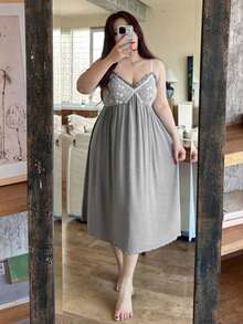 Dazy Plus Plus Size Women Lace Patchwork Solid Color Sexy Waist Cinched Long Nightgown, Sleeveless, Spring/Summer - Grey - View 8