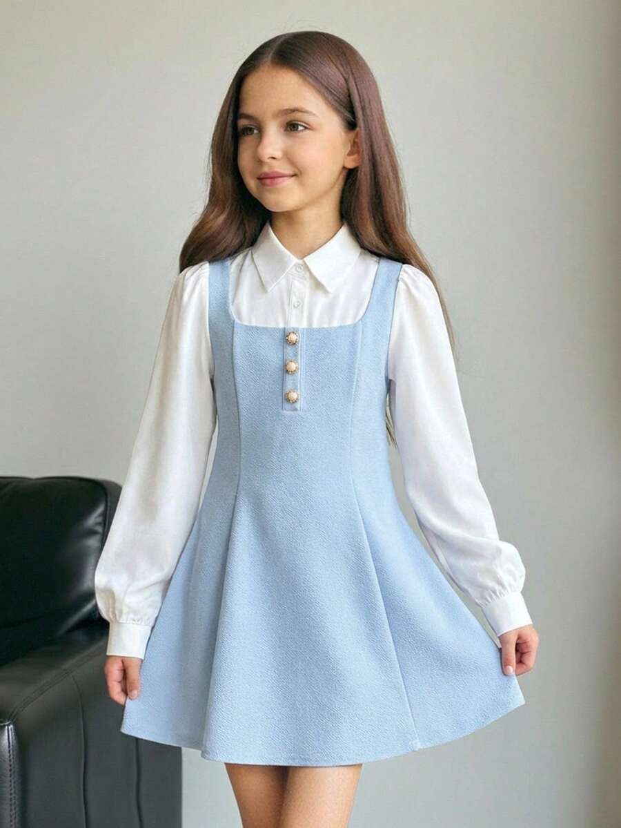 SHEIN Firerie Kids Nova Glow Tween Girls Elegant Block Turndown Collar Lantern Sleeve 2 In 1 Dress, Fall & Autumn,Back To School,Fall Dresses, Outfits, Long Sleeve Dresses Girl School Dress Girls Collared Dress - Baby Blue - View 1