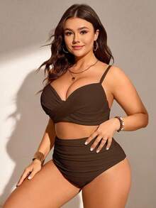 Swim Chiccia 2 件加大码女式纯色聚拢肩带时尚简约比基尼泳装套装，度假装 - 咖啡棕 - 查看 3