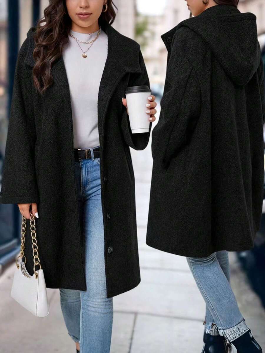 EMERY ROSE Jaqueta preta de lã com capuz, tamanho grande, estilo casual e folgado, com bolsos.