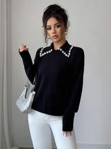 SHEIN PETITE Women's Black Autumn Elegant Office Long Sleeve Knit Sweater Top,Vintage Korean Style Collared Studded Beaded Design Versatile For Dates,Work,Parties - Black - View 4