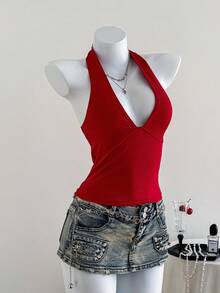 SHEIN EZwear V-Neck Solid Color Backless Vacation Tank Top For Women, Can Be Worn As A Neck Hanging - Red - View 4